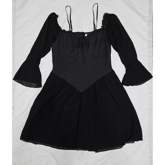 Romwe Dress Women's Lg Black Whimsygoth Fairy Off Shoulder Sheer Bell Sleeve NWT - Picture 2 of 14